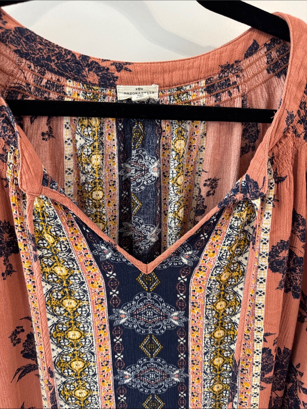 Boho Rust Floral V-Neck Peasant Blouse Navy Patterned Center Puff Sleeve Top - Picture 5 of 8